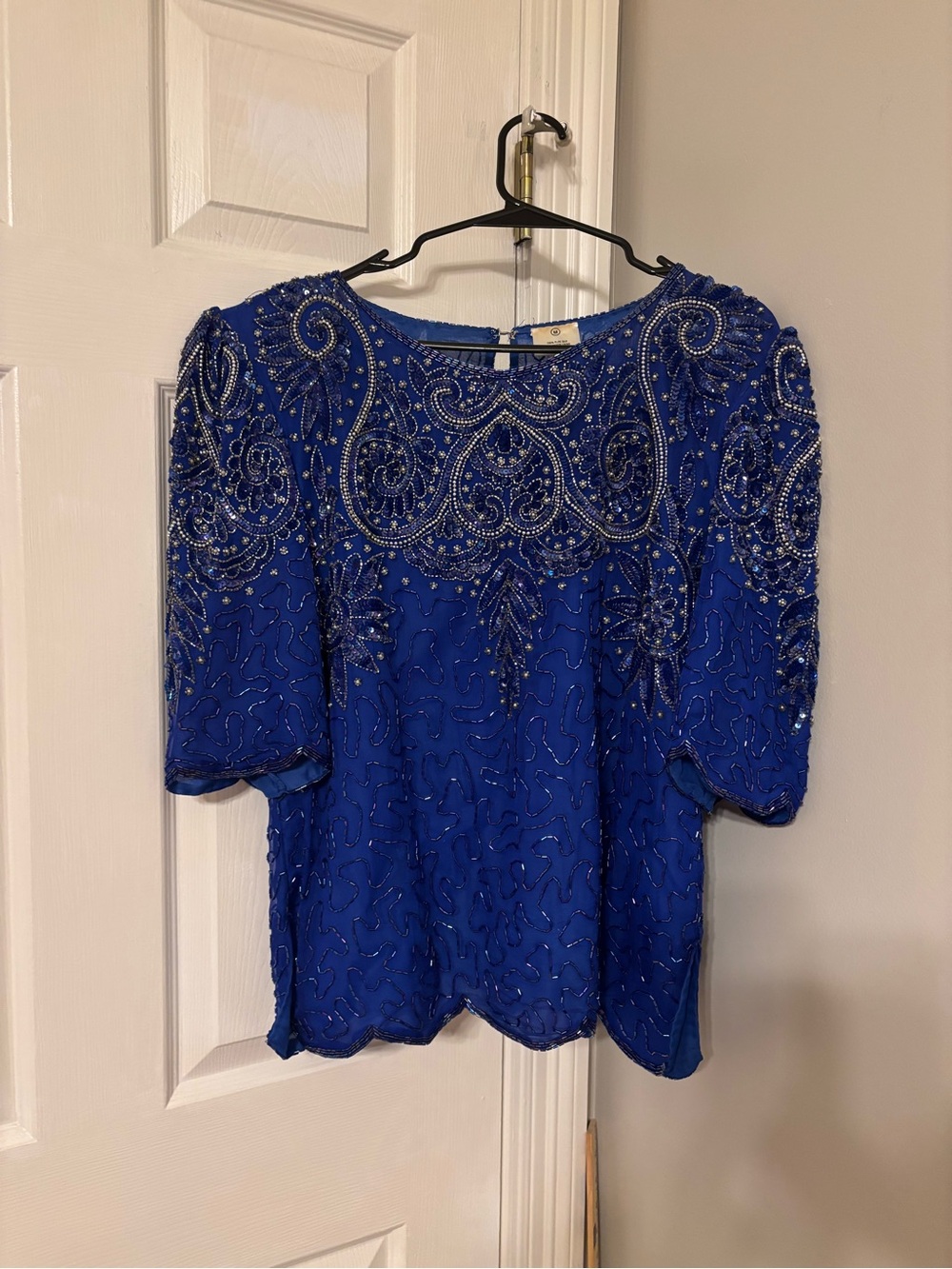 Vintage Embellished Royal Blue Beaded Evening Blouse Size M